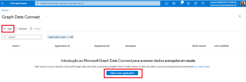 Uma captura de ecrã que mostra o Data Factory do portal do Azure para criar uma nova aplicação.