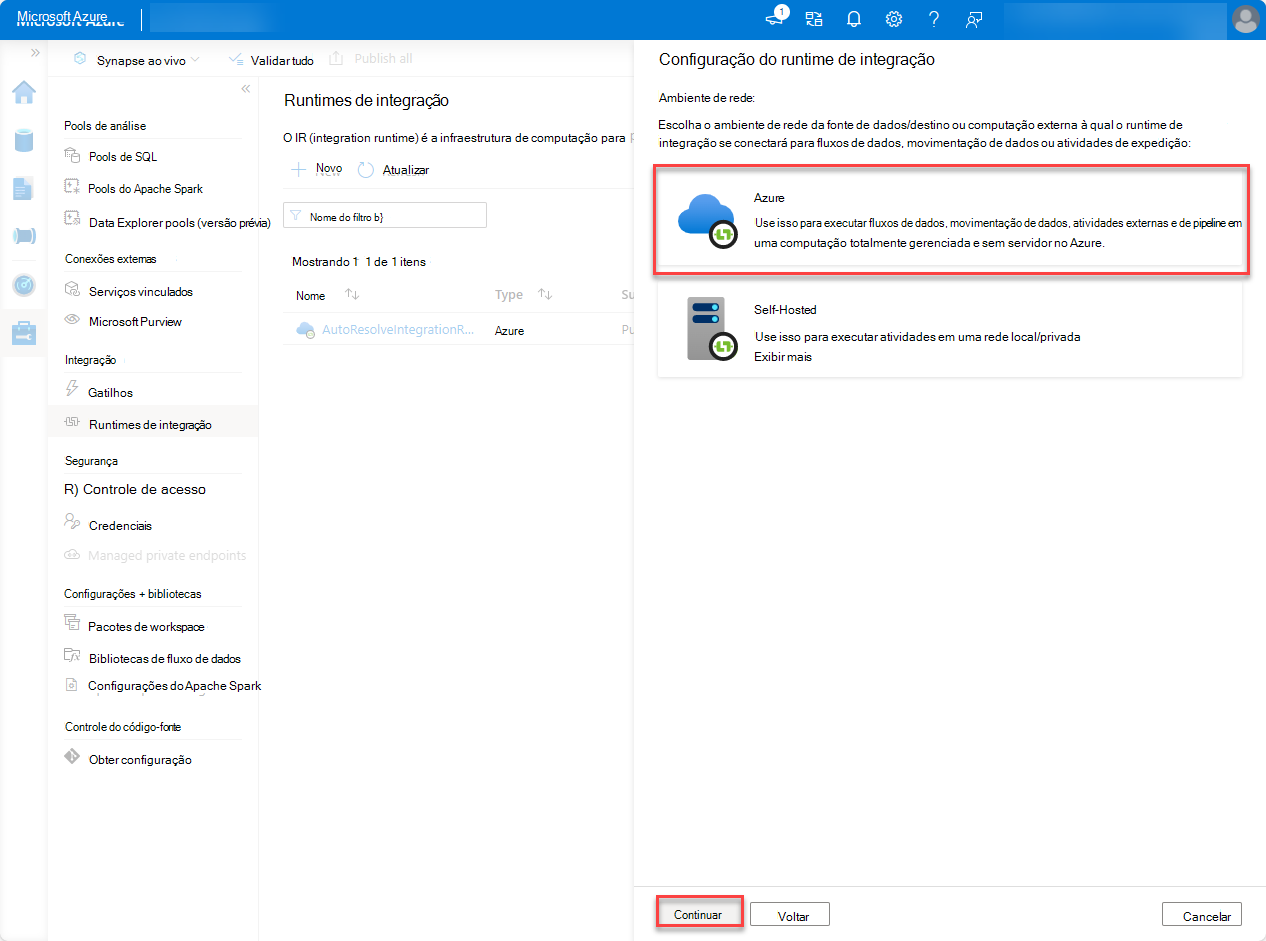 Captura de ecrã da configuração do Runtime de integração com o Azure selecionado para o ambiente de rede e Continuar realçado.