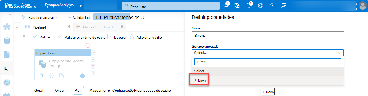 Captura de ecrã do painel Definir propriedades com o Serviço ligado realçado.