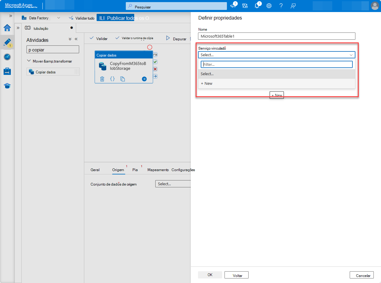 Uma captura de ecrã da página do serviço Data Factory do portal do Azure com o realce Novo painel de serviço ligado a selecionar novo.