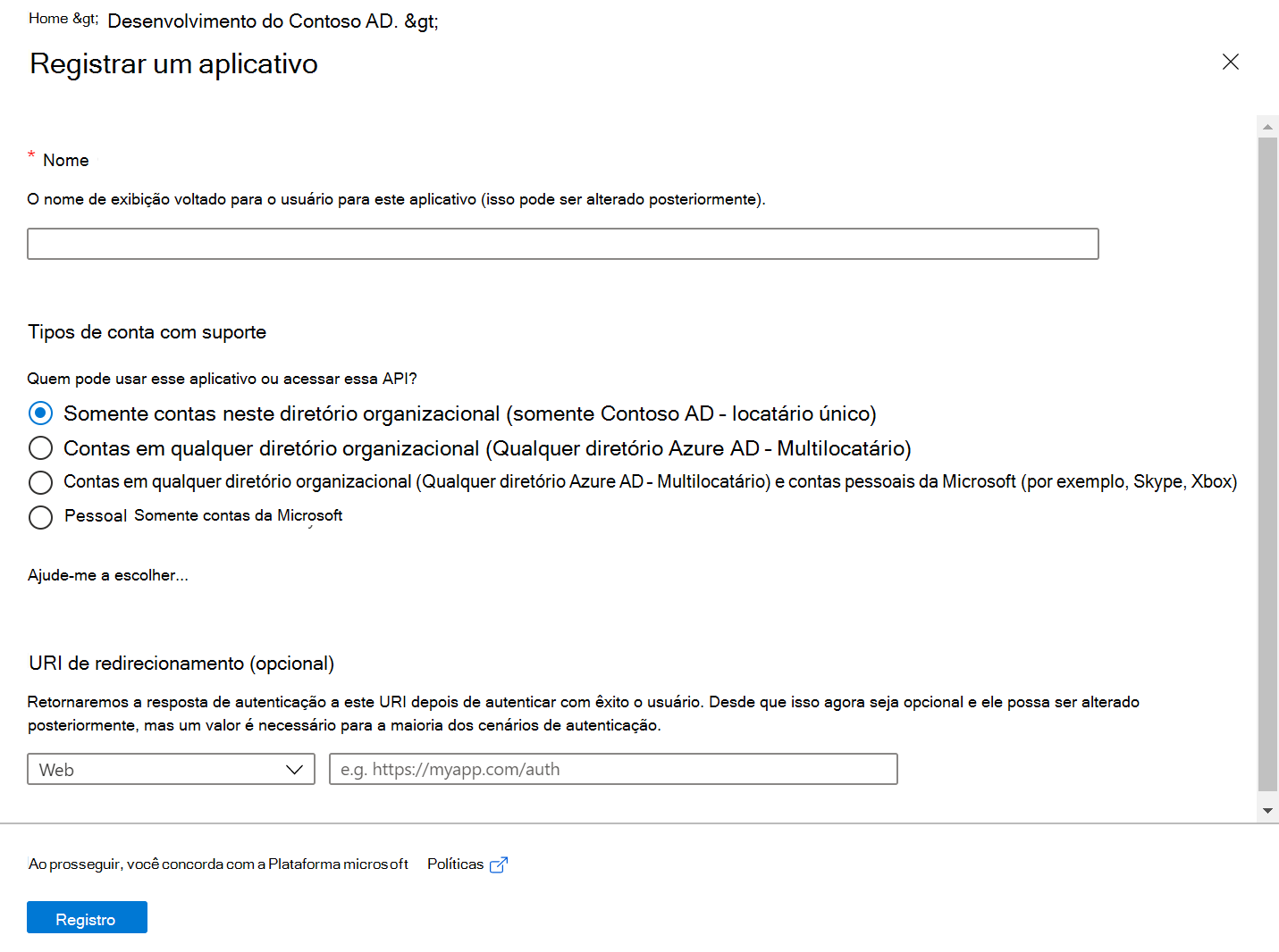 Captura de ecrã a mostrar o centro de administração do Microsoft Entra, com o painel Registar uma aplicação.