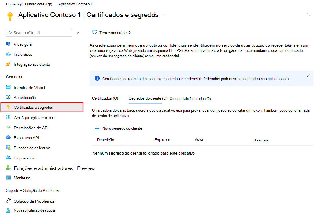 Captura de ecrã a mostrar o centro de administração do Microsoft Entra, com o painel Certificados e segredos num registo de aplicação.