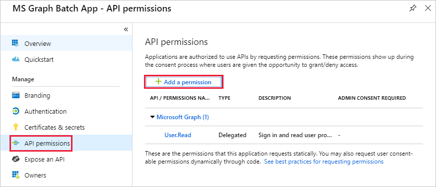 Uma captura de ecrã do painel de permissões da API