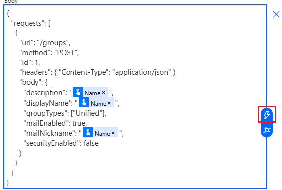 Uma captura de ecrã do menu de conteúdo dinâmico no Microsoft Flow