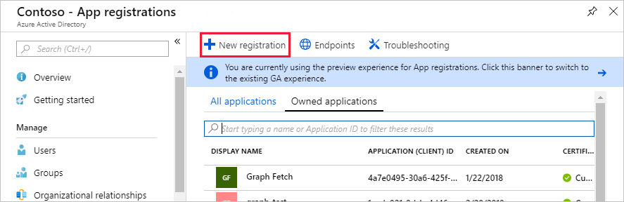 Uma captura de ecrã do painel Registos de Aplicações no centro de administração do Azure Active Directory