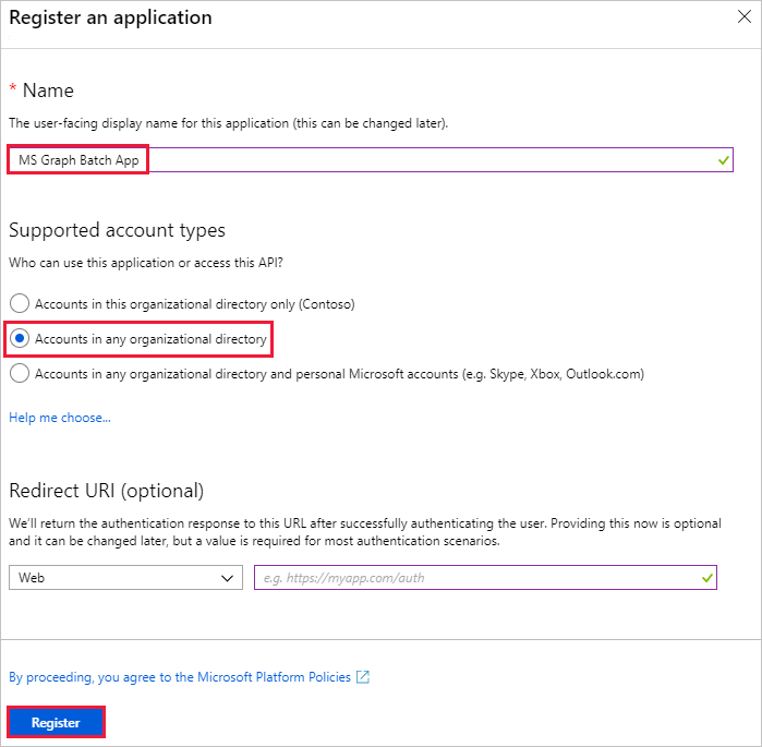 Uma captura de ecrã do painel Registar uma aplicação no centro de administração do Azure Active Directory