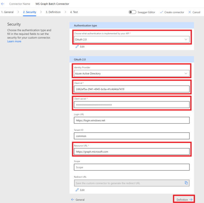 Uma captura de ecrã do separador Segurança na configuração do conector