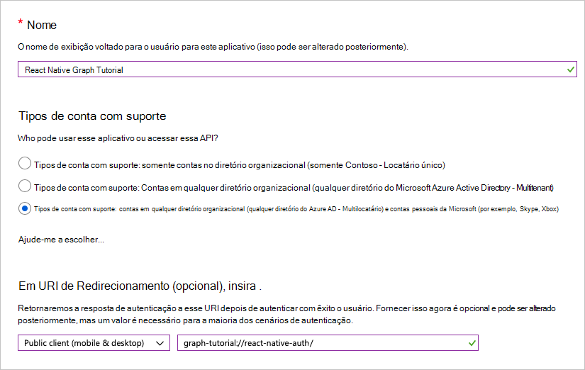 Captura de tela da página Registrar um aplicativo