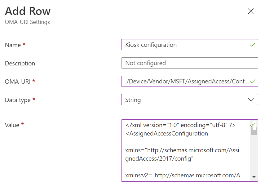 Especificar configurações de OMA-URI.