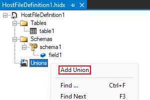 Screenshot shows main design view, Unions shortcut menu, and selected option for Add Union.