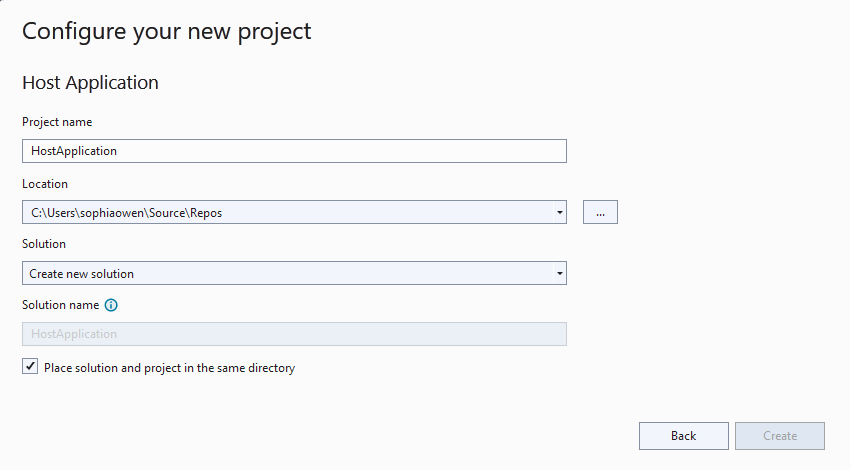 Screenshot shows Visual Studio and details for Configure your new project.