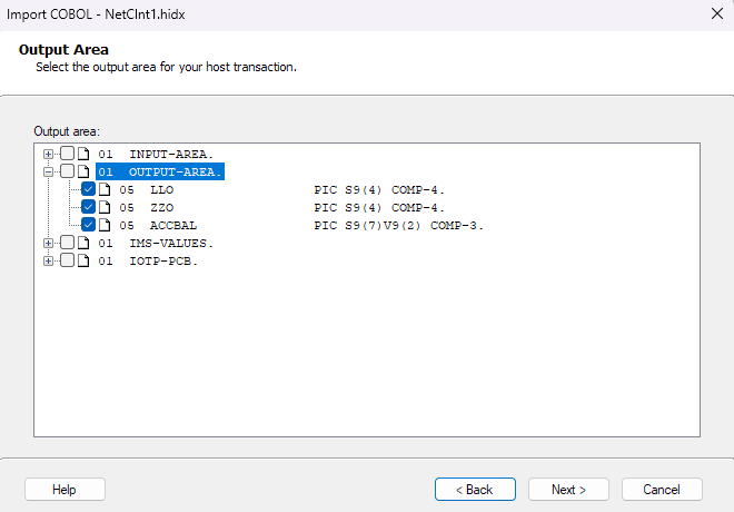 Screenshot shows the Output Area box for the IMS host transaction.