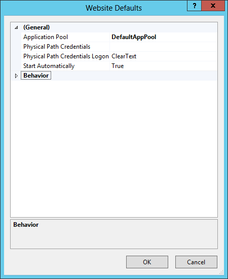 Screenshot of the Web Site Defaults dialog with General and Behavior options.