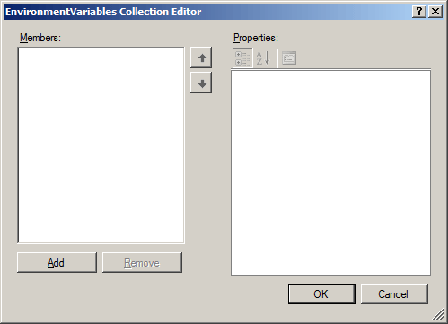 Captura de tela do painel Editor de Coleção de Variáveis de Ambiente.