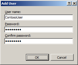 Screenshot of the Add User dialog box, showing the User Name, Password, and Confirm password fields.