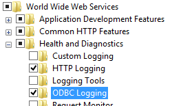 Screenshot shows the Health and Diagnostics features for Windows 8 or Windows 8.1 with O D B C Logging selected.