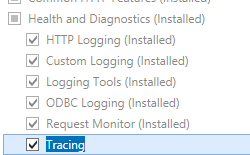 Screenshot of Server Roles page, with the Health and Diagnostics tree expanded and Tracing selected and outlined.