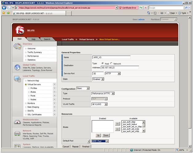 Screenshot of the F five web page. In the Default Pool box, A R R pool is selected. In the Local Traffic pane, Virtual Servers is selected.