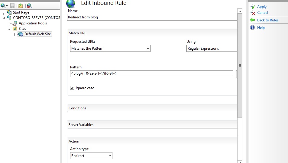 Screenshot that shows the Edit Inbound Rule pane. There are new entries for name, pattern and action.