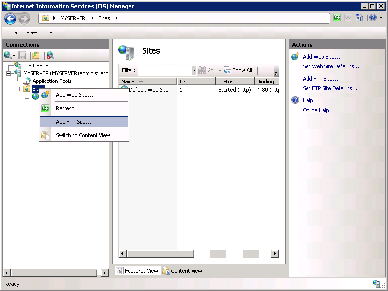 Captura de tela do I I S Manager. Adicionar F T P Site é realçado no menu de contexto Sites no painel Conexões.