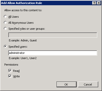 Screenshot of the Add Allow Authorization Rule dialog box. The checkboxes next to Specified users is checked. The two Permissions options are also checked.