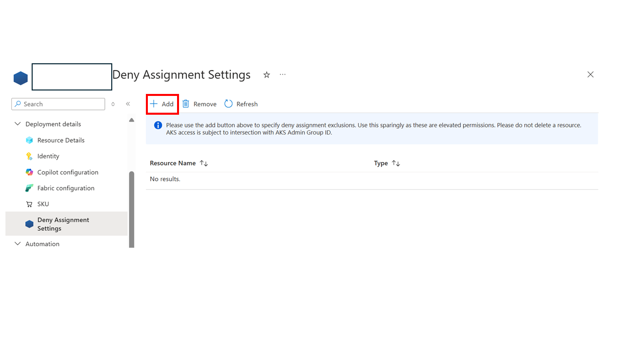 Screenshot of the Deny Assignment settings for Manufacturing data solutions.