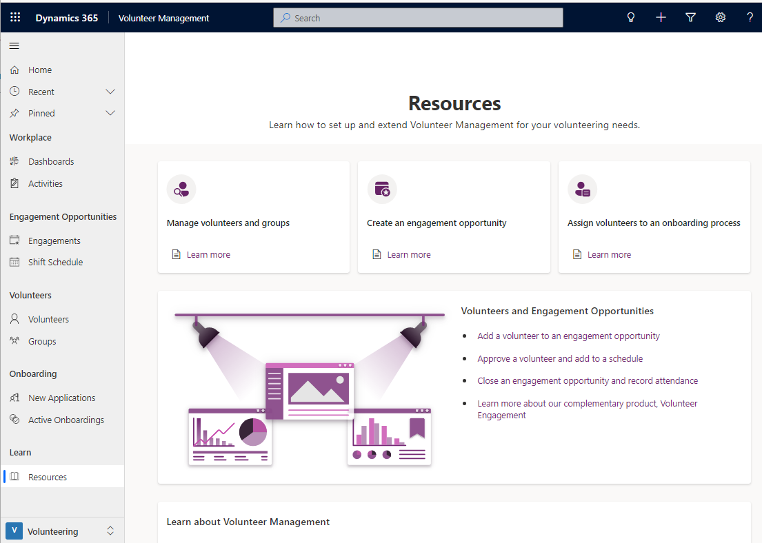  Screenshot showing the Learn group with the resources option and the resources screen for volunteer management.