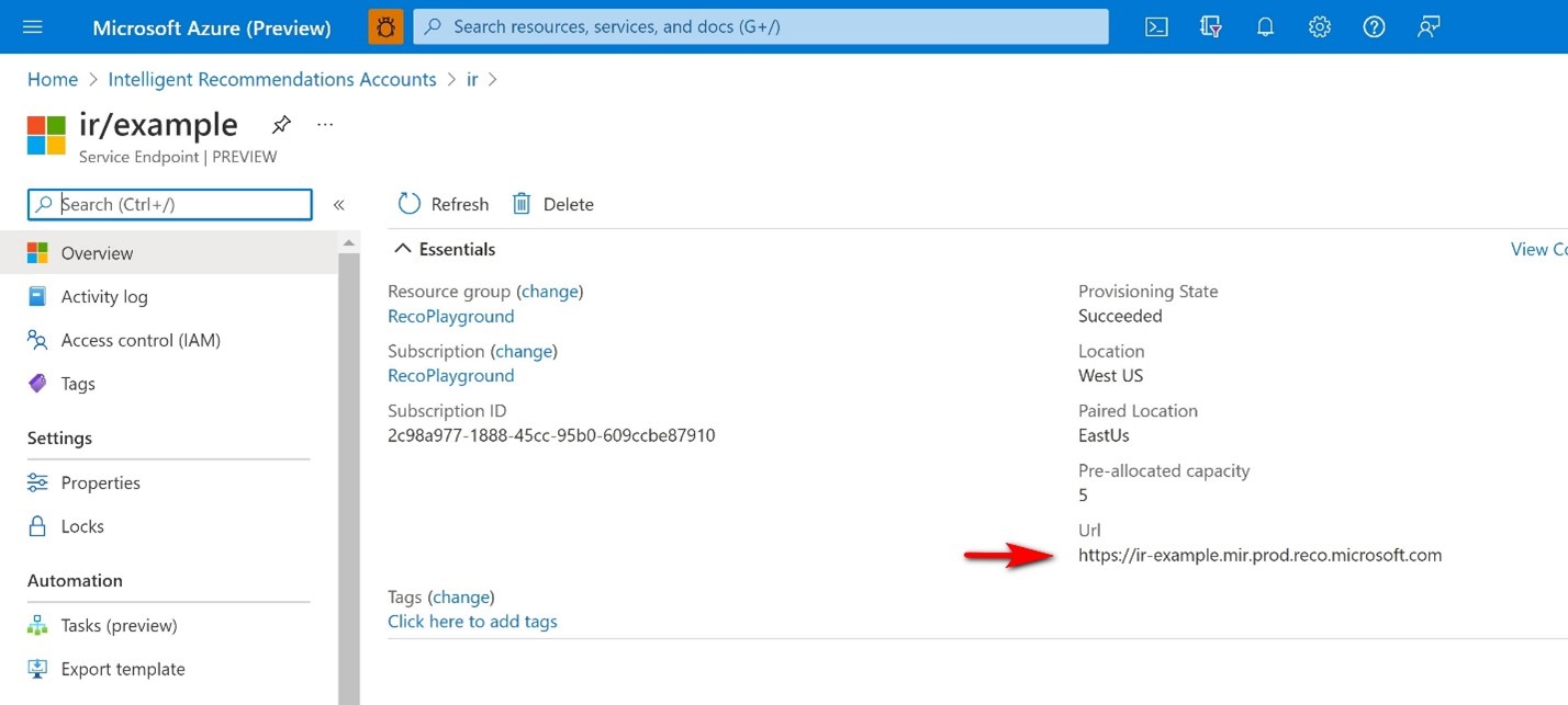 Localize o URL do ponto de extremidade de serviço nas propriedades do recurso do ponto de extremidade.