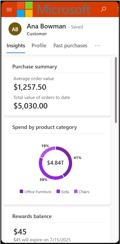 A imagem mostra a guia de insights do cartão do perfil do cliente.