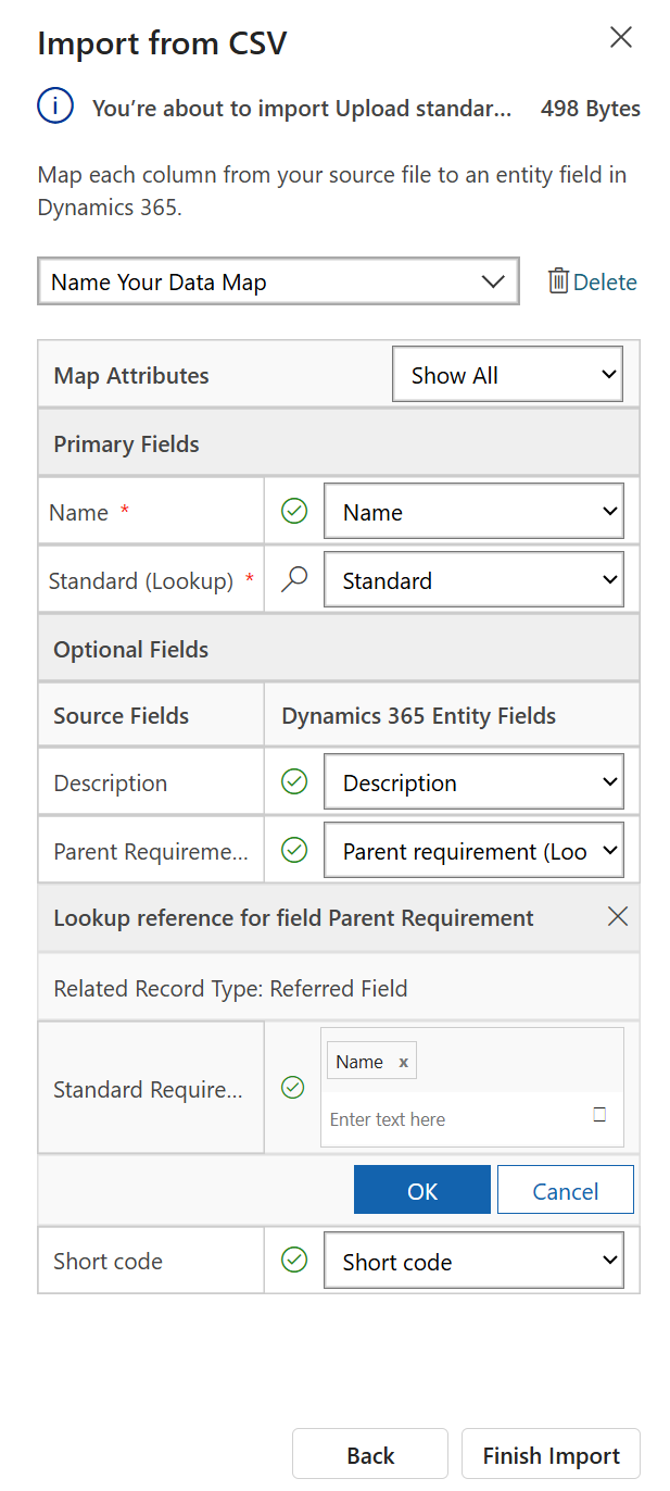 Captura de tela dos dados mapeamento a serem usados para importação de arquivo CSV ou Excel.