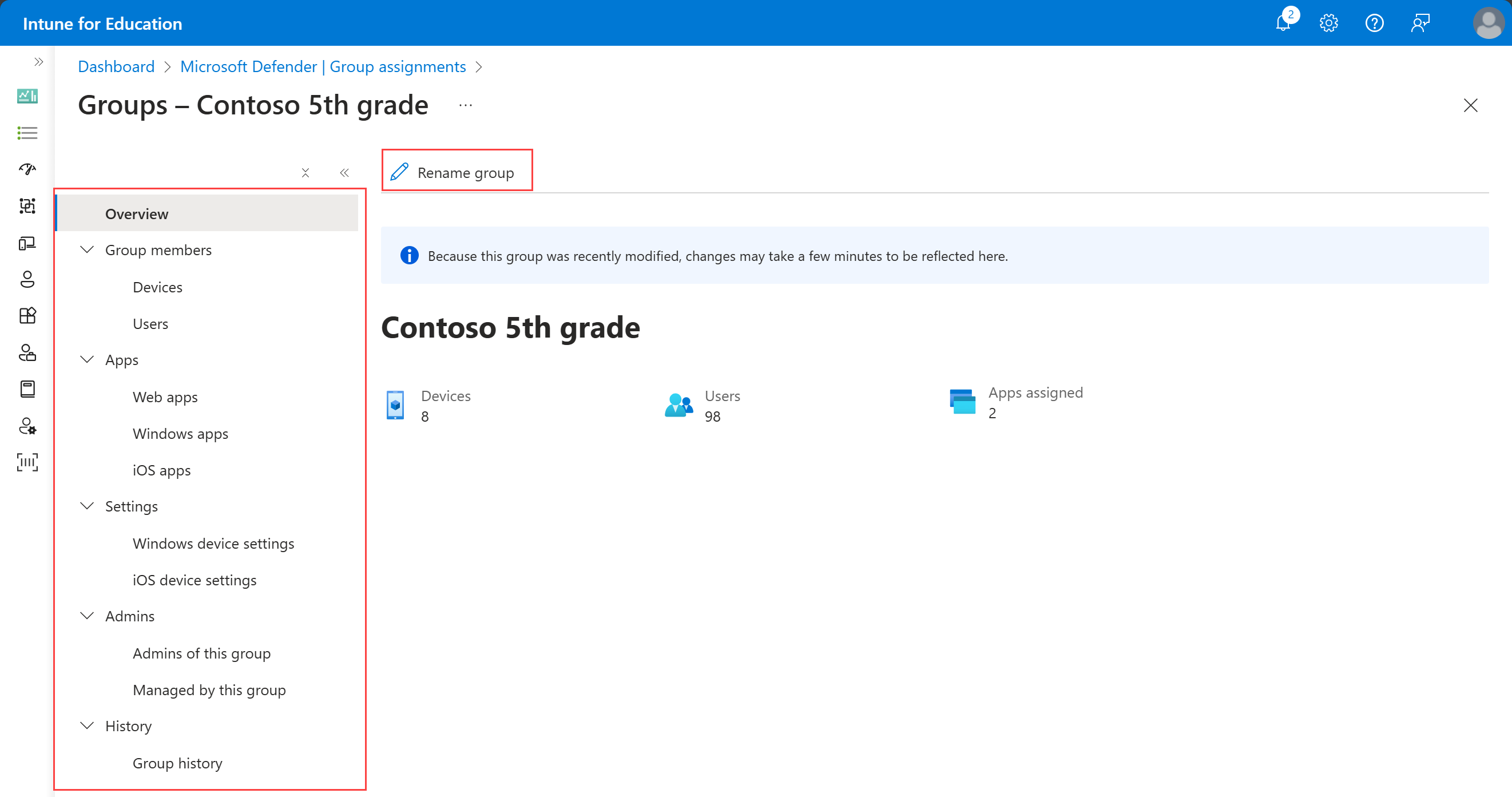 Captura de ecrã da página de tarefas de grupo do grupo de exemplo do grupo Contoso do 5.º ano, com destaque para as tarefas disponíveis e o botão Mudar o Nome.