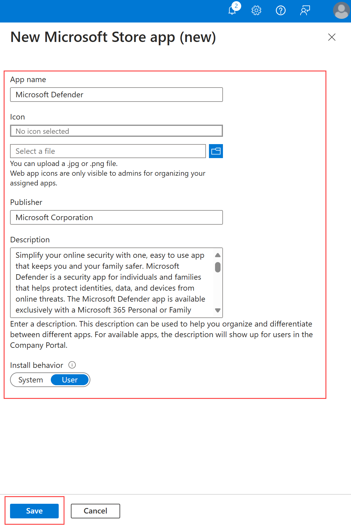 Captura de ecrã a realçar a nova janela da aplicação, as definições disponíveis a configurar e o botão Guardar.