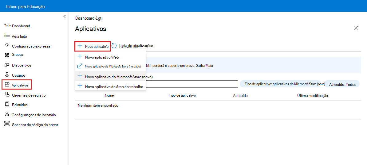 Imagem de exemplo da interface do usuário Intune for Education, destacando rótulos 