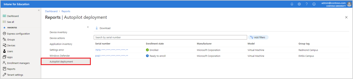 O relatório do Windows Autopilot mostrando uma lista de dispositivos em Intune para gerenciamento de Educação.