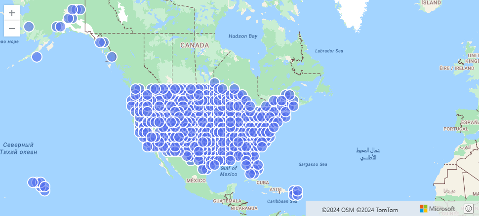 Captura de tela de eventos de tempestade nos EUA agrupados por geohash.