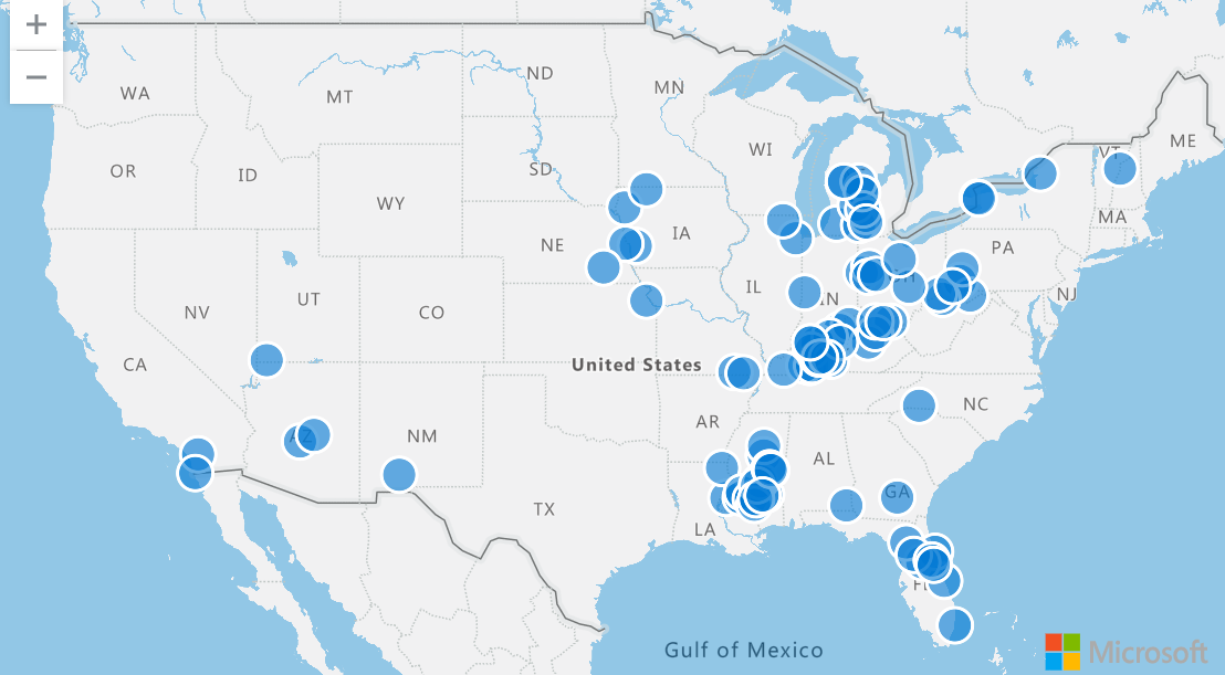 Captura de tela de exemplos de eventos de tempestade em um mapa.