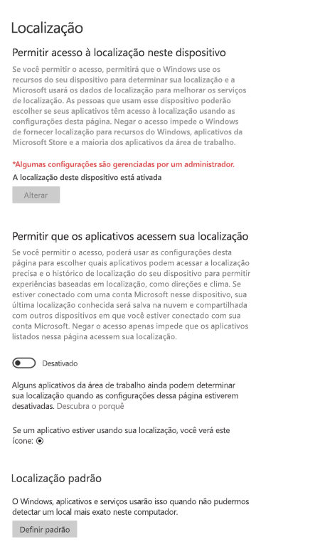 Configurações de localização nas configurações do Windows.
