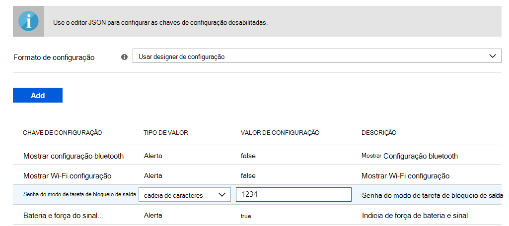 Captura de ecrã a mostrar as definições de configuração adicionadas