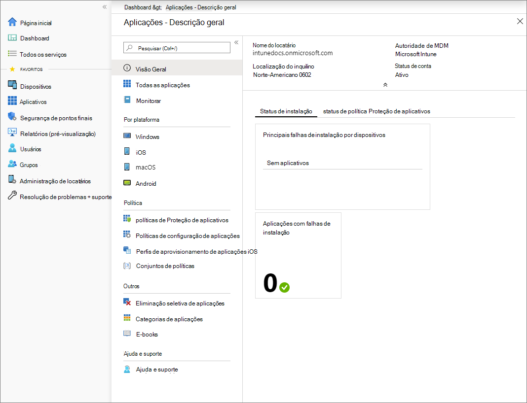 O painel da carga de trabalho Aplicativos