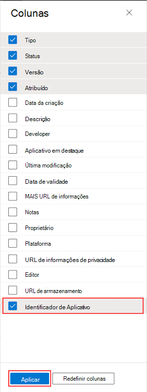 Captura de ecrã que mostra como selecionar a coluna ID do Pacote de Aplicações em Todas as Aplicações no Microsoft Intune e no centro de administração do Intune.