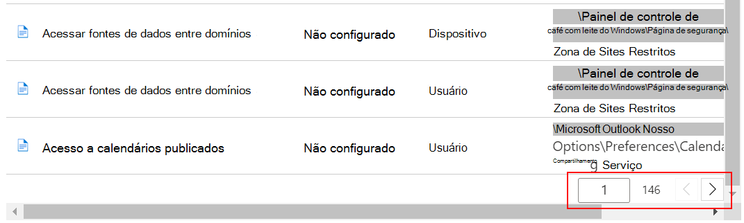 Veja uma lista de exemplo de definições e utilize os botões anteriores e seguintes no Intune centro de administração e Microsoft Intune.