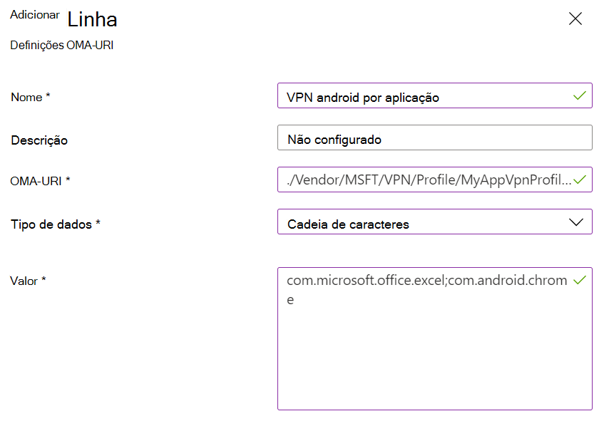 Captura de ecrã que mostra a política personalizada VPN por administrador de dispositivos Android por aplicação no Microsoft Intune.