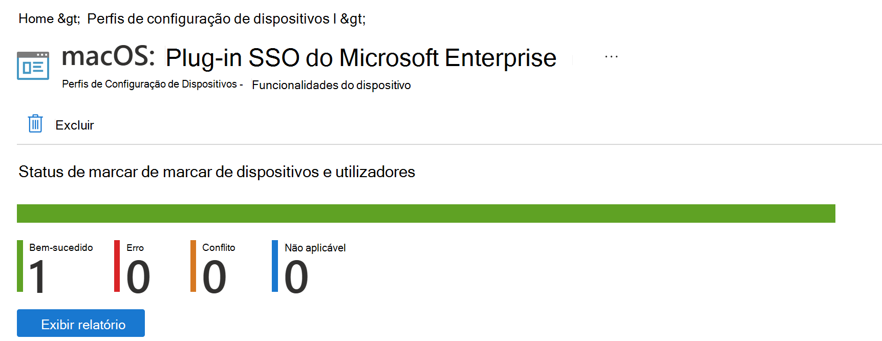 Captura de ecrã que mostra o relatório de implementação do perfil de configuração de dispositivos macOS no Microsoft Intune.