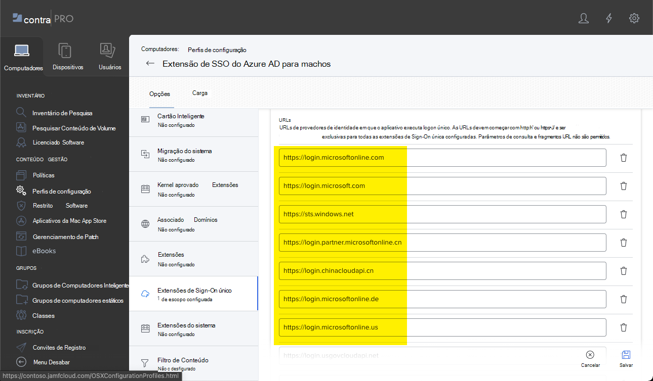 Captura de ecrã que mostra o portal do Jamf Pro e os URLs de SSO para dispositivos macOS.