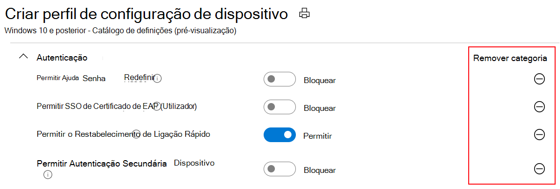 Captura de ecrã que mostra o Catálogo de Definições e que os valores predefinidos no Microsoft Intune e no centro de administração do Intune são os mesmos que os valores predefinidos do SO.