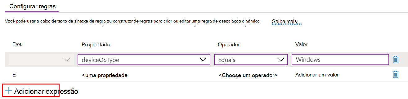 Captura de ecrã que mostra como criar uma consulta dinâmica e adicionar expressões num modelo administrativo Microsoft Intune.