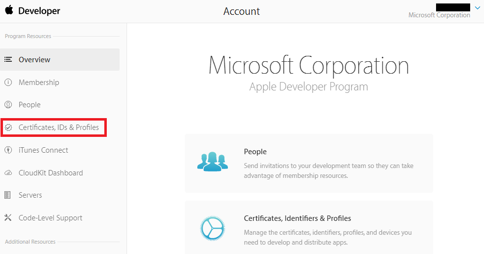 Portal do Programador da Apple – Certificados, IDs & Perfis