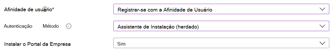 No Intune centro de administração e Microsoft Intune, inscreva dispositivos iOS/iPadOS com a inscrição automatizada de dispositivos (ADE). Selecione Inscrever com afinidade de utilizador, utilize o Assistente de Configuração para autenticação e instale a aplicação Portal da Empresa.