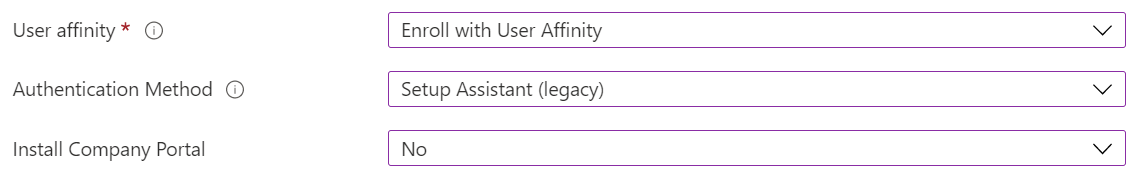 No Intune centro de administração e Microsoft Intune, inscreva dispositivos iOS/iPadOS com a inscrição automatizada de dispositivos (ADE). Selecione Inscrever com afinidade de utilizador, utilize o Assistente de Configuração para autenticação e não instale a aplicação Portal da Empresa.