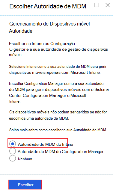 Imagem da folha Escolher Autoridade de MDM